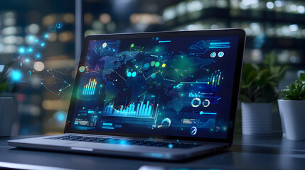 laptop displaying digital world map and data analytics visuals