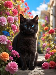 Enchanting Black Cat and Blue-Eyed Serenity Among Blossoms