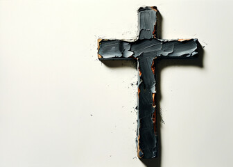 A weathered wooden cross adorned with textured paint against a simple background