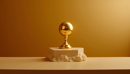 Golden trophy on marble base in warm studio lighting
