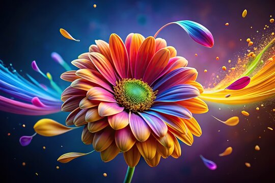 Brightly colored sprint flower with petals unfolding rapidly in mid-air, bloom flowers, colorful