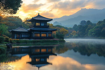 tranquil scene of traditional building by serene lake at sunset, surrounded by lush trees and mountains. reflection in water enhances peaceful atmosphere