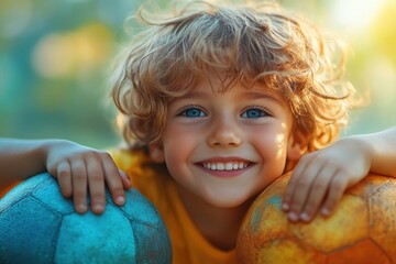 Fototapeta premium Happy child with curly hair smiling and posing with two colorful soccer balls outdoors in sunlight