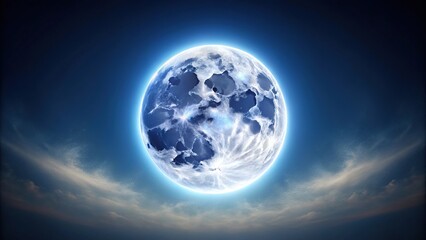 Close-up of a full moon with a halo of light against a dark blue background, optics, glowing