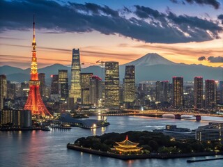 Fototapeta premium Stunning Tokyo Skyline: Panoramic Cityscape of Japan's Vibrant Urban Landscape at Night with Skyscrapers and Iconic