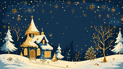 Fototapeta premium Gorgeous chic Christmas background featuring a magical night in retro vintage postcard style with blue and gold colors.