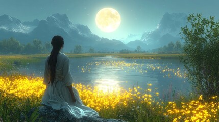 Woman Contemplating Moonlit Landscape