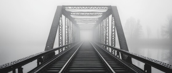 A train track bridge disappearing into dense fog.