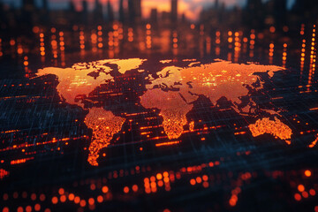 Obraz premium Digital world map with glowing data points at sunset