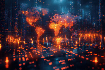 Digital world map glowing in futuristic city landscape