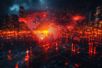 Illuminated digital world map with cityscape in futuristic style