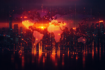 Abstract digital world map overlay with city skyline background