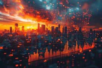 Spectacular urban sunset with digital data overlay and city skyline