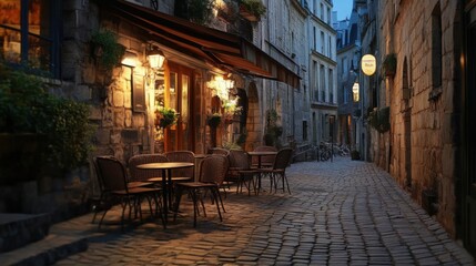 Charming alleyway with cafes and warm lights in a quaint European town at dusk