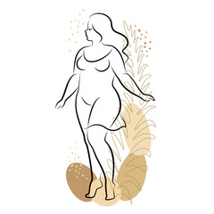 Silhouette of woman figure and plant leaves. Girl is standing. Lady is full of beauty and sexuality. Girl is overweight vector illustration.
