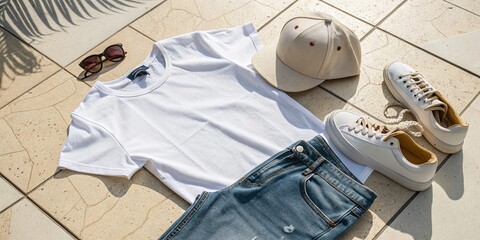 Stylish Flat Lay of Casual Wear: T-shirt, Sneakers, and Cap on Tiled Surface for Fashion and Lifestyle Photography