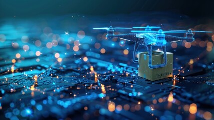 Obraz premium A blue, futuristic drone hovering over a cardboard box on a glowing circuit board, representing the future of delivery.