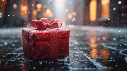 Colorful Christmas Gift Box on Street Background with Ample Copy Space for Holiday Greetings and Promotions