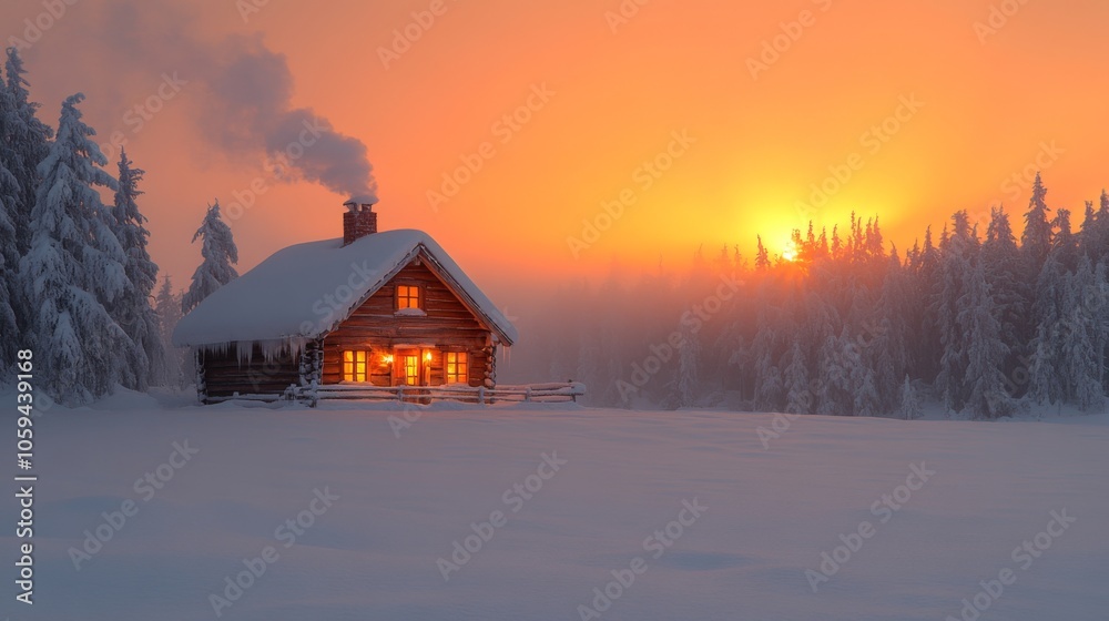 Poster a rustic cabin emits warm light from its windows, nestled in a snowy landscape. tall evergreen trees