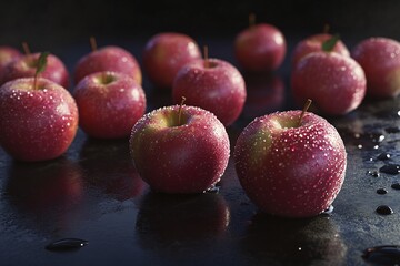 Fototapeta premium Close-Up Photography of Red Apples with Water Drops on a Dark Surface