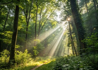 Obraz premium Sunshine Rays in a Densely Wooded Area with Bokeh Effect for Nature Lovers and Art Enthusiasts