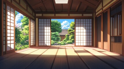 Japanese-style room with japanese style. 3D rendering