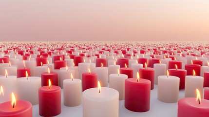 Obraz premium Rows of 3D candles in red and white, softly lit, set against a smooth white background for a cozy holiday vibe. 