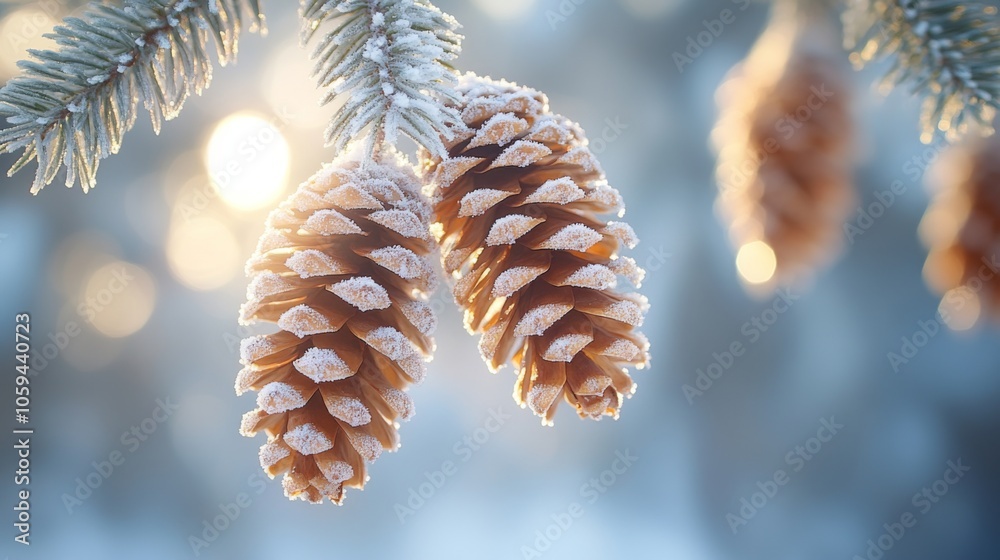 Poster Two pine cones adorned with frost hang from a branch, illuminated by the soft morning light, creating a tranquil winter atmosphere.