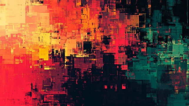 Abstract digital background with vibrant red, orange and green colors. Glitch effect pixelated distortion with grunge texture. Scattered pixel fragments on colorful gradient. Modern technology concept