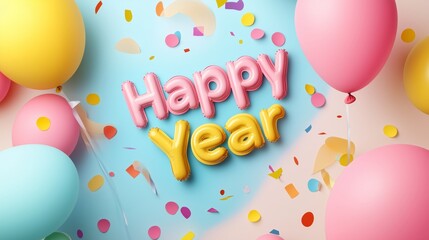 Whimsical 'Happy New Year 2025 text in playful cartoon style, colorful confetti and balloon backdrop, joyful energy