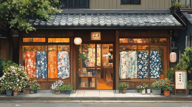 Japanese storefront with traditional fabrics