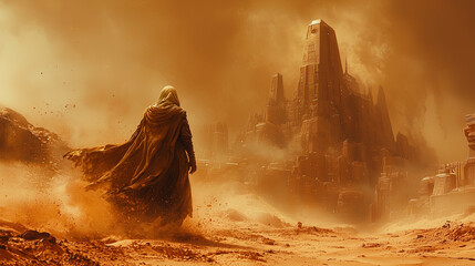 A cloaked figure walks through a vast, dusty desert landscape towards a towering ancient structure enveloped in a sandstorm
