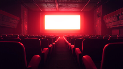 Obraz premium Empty cinema hall with rows of red seats facing a bright illuminated screen, dramatic lighting