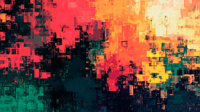 Abstract digital background with vibrant red, orange and green colors. Glitch effect pixelated distortion with grunge texture. Scattered pixel fragments on colorful gradient. Modern technology concept - Powered by Adobe