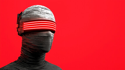 Futuristic concept of a humanoid figure with textured wrappings, wearing a glowing red visor against a vibrant red background
