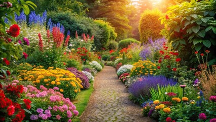 Colorful floral border surrounding a garden path, borders, greenery, plants, flowers