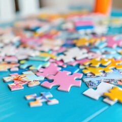 Colorful Puzzle Pieces Spread Out on a Table