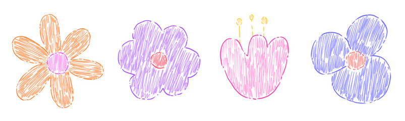 Set of flowers drawing with crayon pencil on transparent background