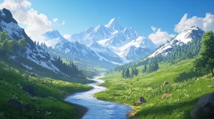 Serene Mountain Landscape Poster: Early Morning Light Over Winding River and Snow-Capped Peaks - Perfect for Sports Room Decor and Nature Enthusiasts