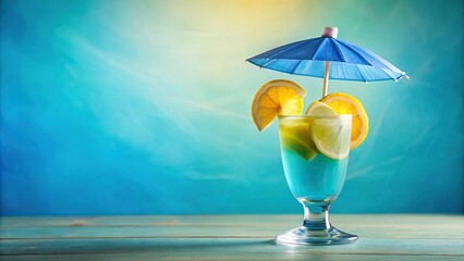 Colorful plastic drink umbrella with a rounded handle and a sturdy base, placed on top of a frothy glass filled with blue-colored lemonade, summer, plastic, picnic, outdoor, refreshing