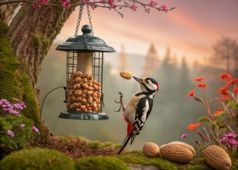 Surreal Male Great Spotted Woodpecker Feeding on Peanuts in a Dreamlike Garden Setting