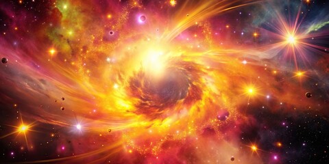Fototapeta premium Cosmic explosion of pink and orange hues with vibrant yellow stars and black holes, galaxy wallpaper, celestial events, stardust, space phenomena, supernova explosion
