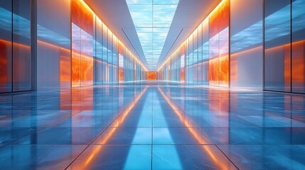 A long, empty corridor with a glass ceiling, reflecting a blue sky and orange clouds. The floor is tiled in a glossy blue material.