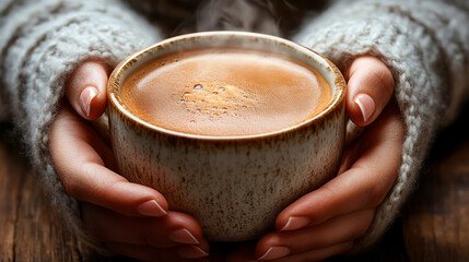 Closeup of hands holding a steaming cup of hot chocolate, warm and cozy winter vibes