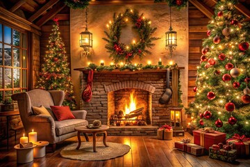 Cozy Christmas cottage with a warm fireplace and festive decorations, green garland, snow covered roof, rustic charm, snowy windows, cozy home