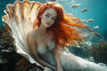 Beautiful mermaid sits in the seashell form throne concept.