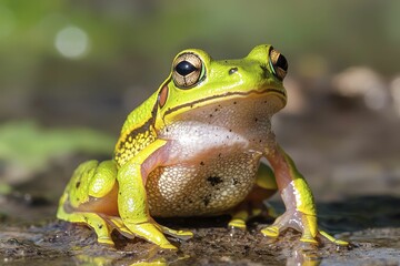 Frogs using mimicry strategies to imitate toxic species for protection, vivid details, contrasting shadows, wetland background