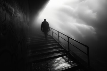 A solitary figure descends a damp staircase into the shadows, evoking the elusive life of a fugitive navigating a world of uncertainty and fear at twilight