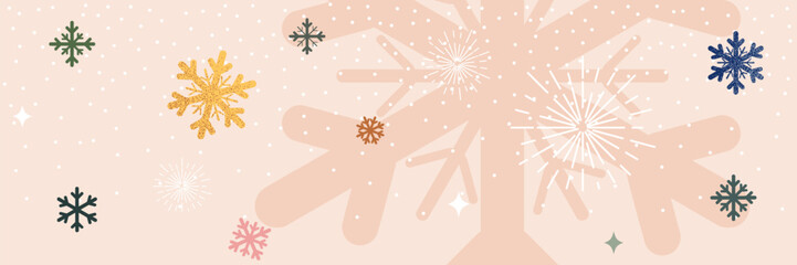 Winter Banner ornament of colored snowflakes. Pastel Background for website, poster. Vector graphics.