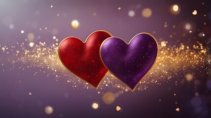 Valentines day, anniversary background with red and purple hearts on glitter bokeh effect